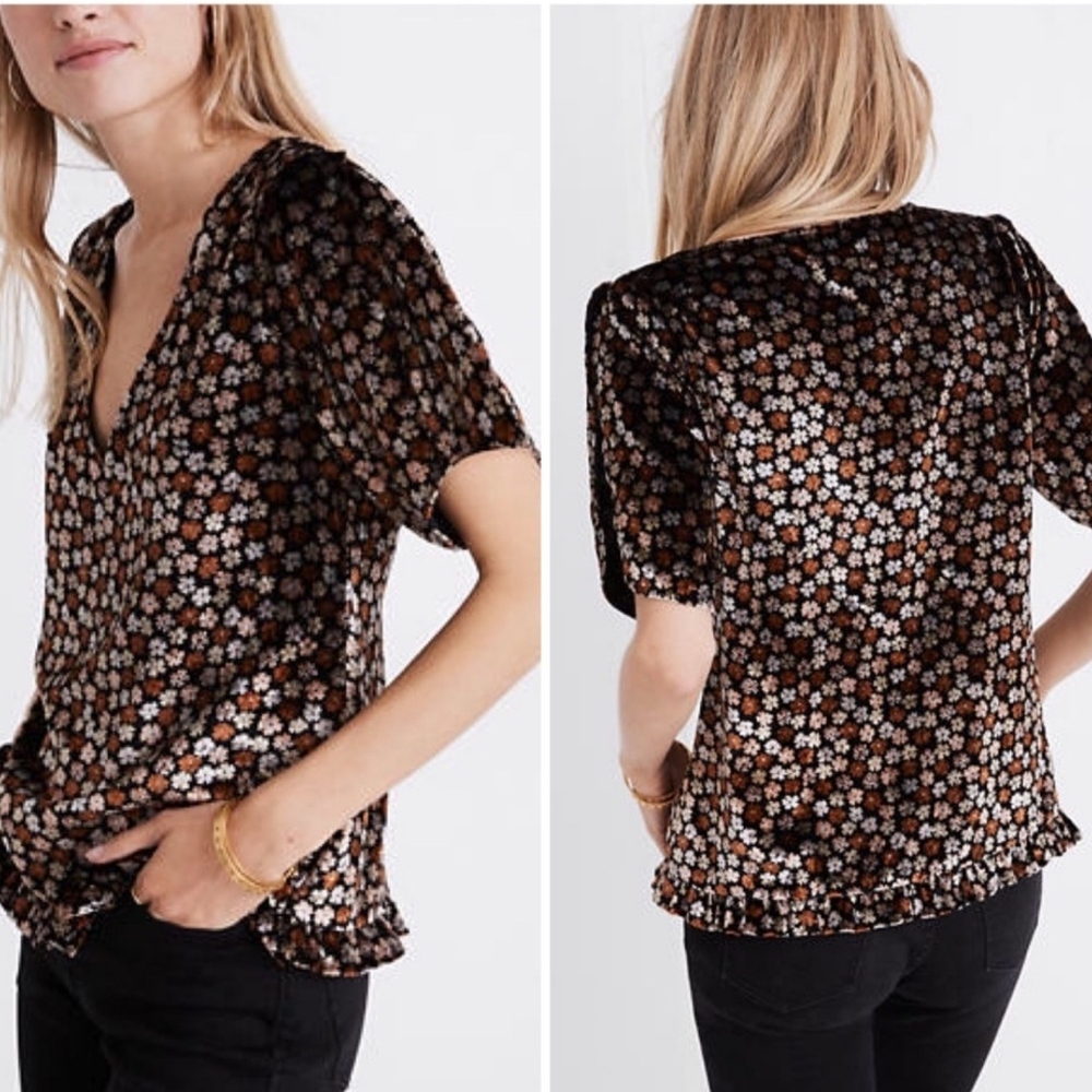 Madewell Black and Orange Ruffled Blouse with Peter Pan Collar XS